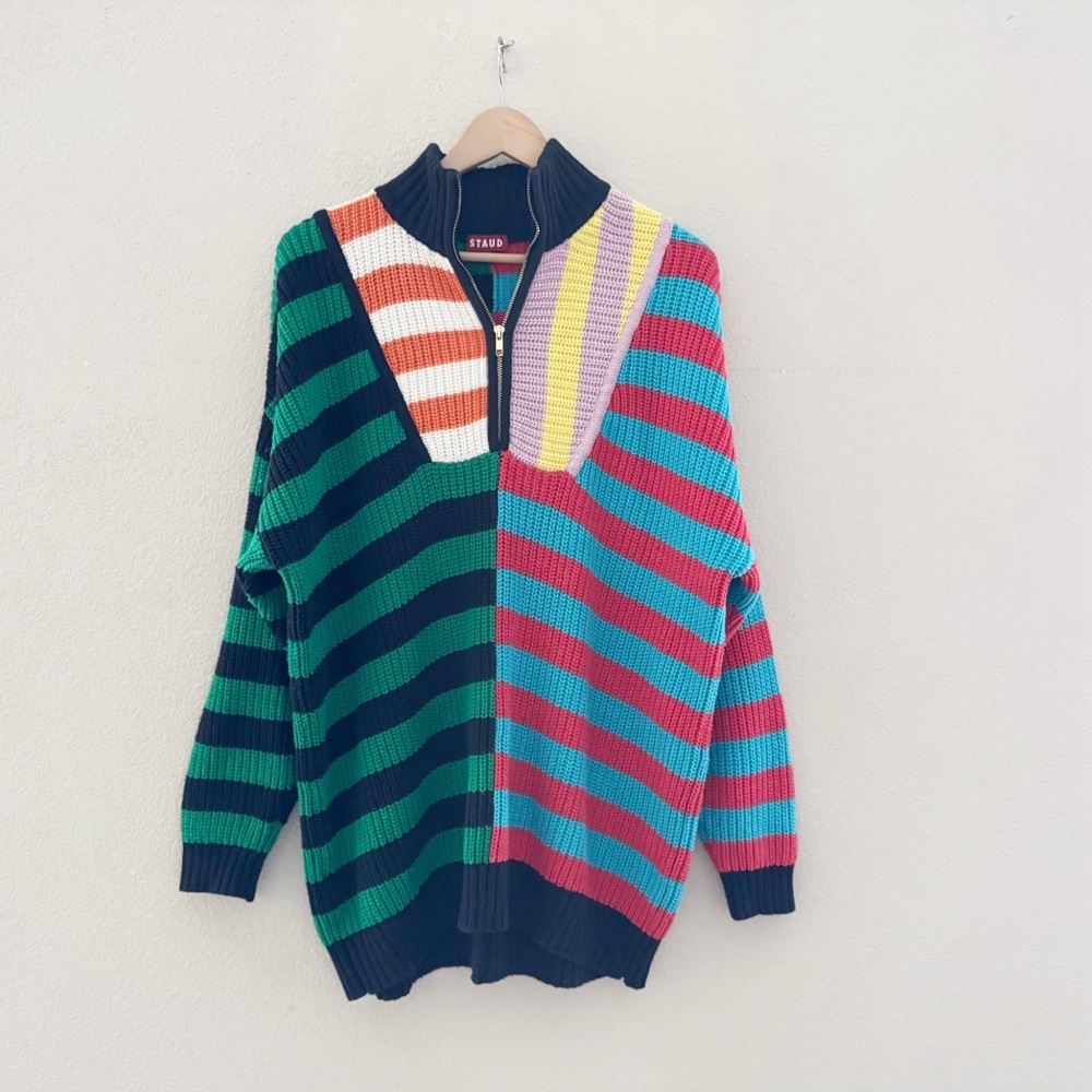 Staud Hampton Sweater Med Chunky Cotton Cabana Stripe Oversized Preppy Colorful - Picture 5 of 12